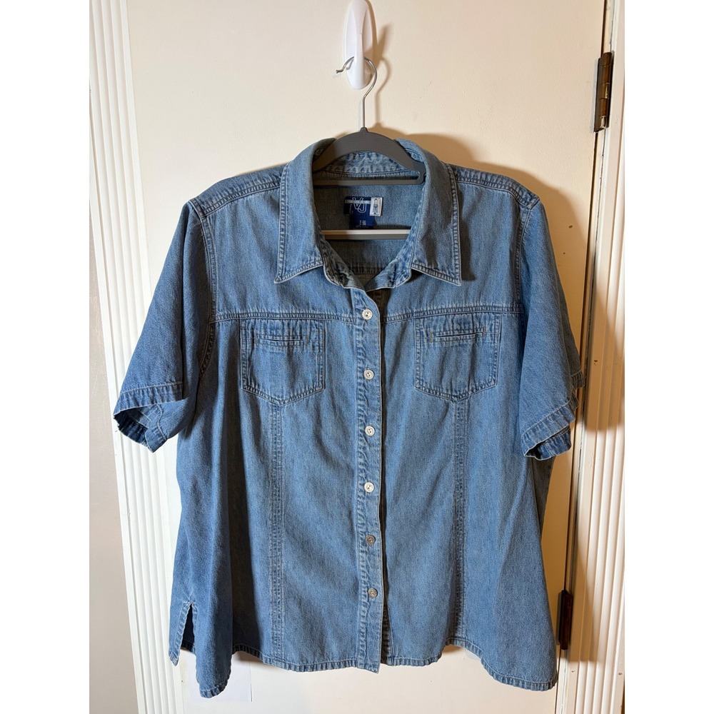 Vintage IVI Denim Button Down Shirt Short Sleeve Medium Wash Blue Pockets XL